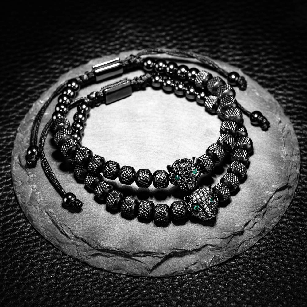 Glittering Panther Charm Beaded Cuff Bracelet Set