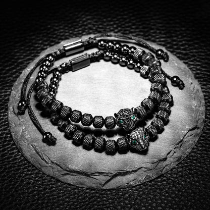 Glittering Panther Charm Beaded Cuff Bracelet Set