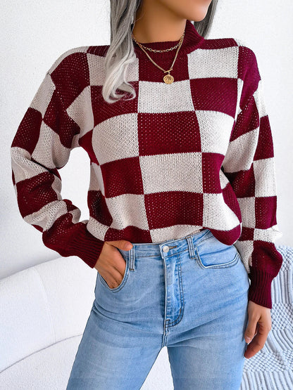 Purple Plaid Knit Sweater for Women