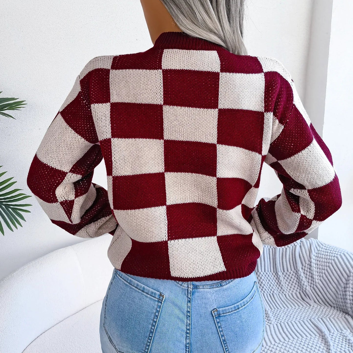 Purple Plaid Knit Sweater for Women