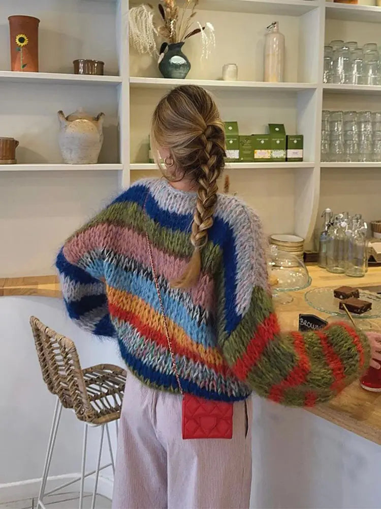 Colorful Striped Crew Neck Knit Women's Sweater