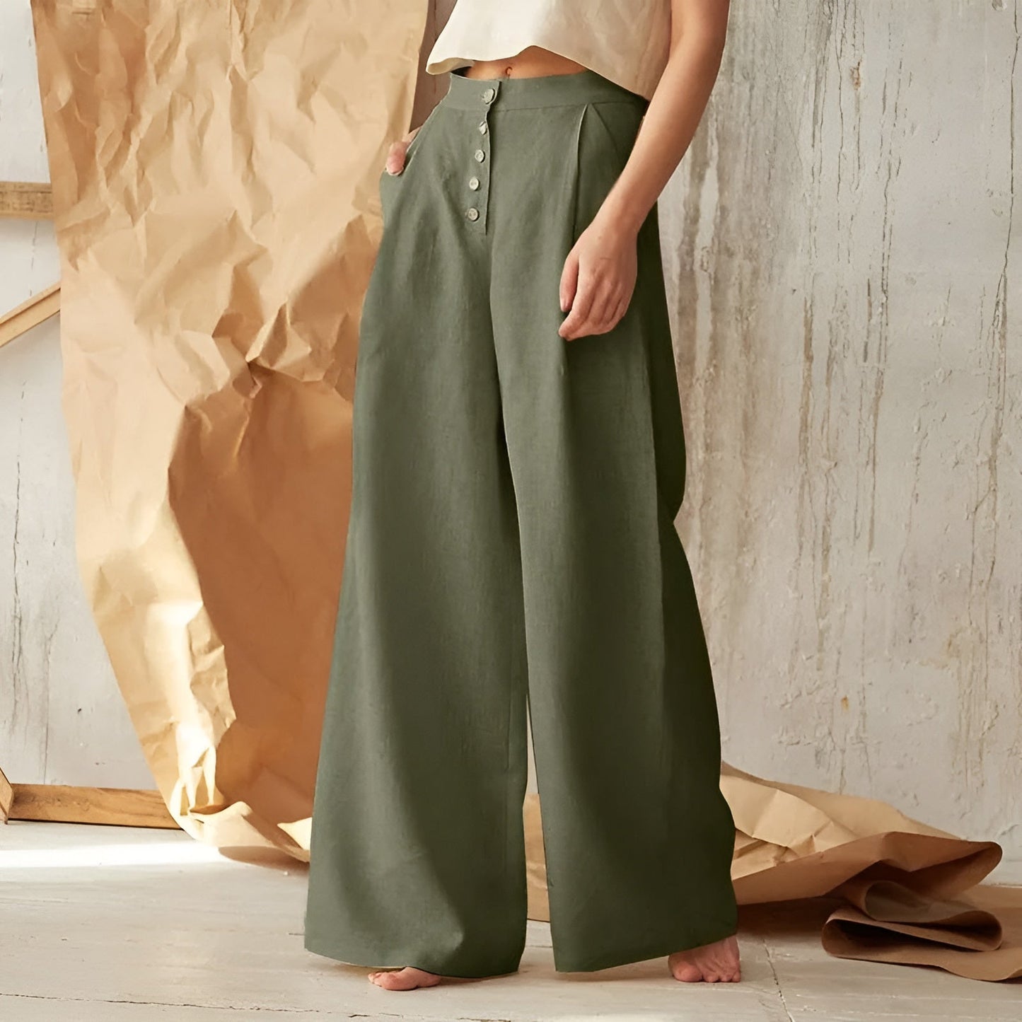 Green High-Waisted Wide Leg Pants - Nocini