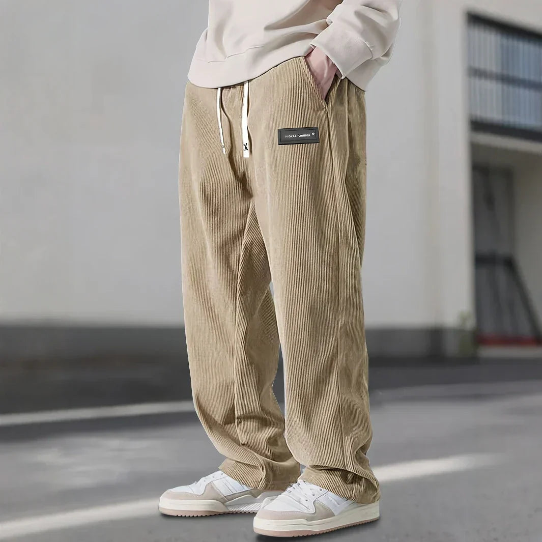 Men's Classic Fit Ribbed Trousers with Elastic Waist