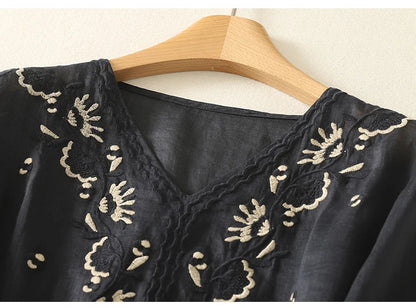 Casual V-Neck Shirt with Delicate Embroidery Details