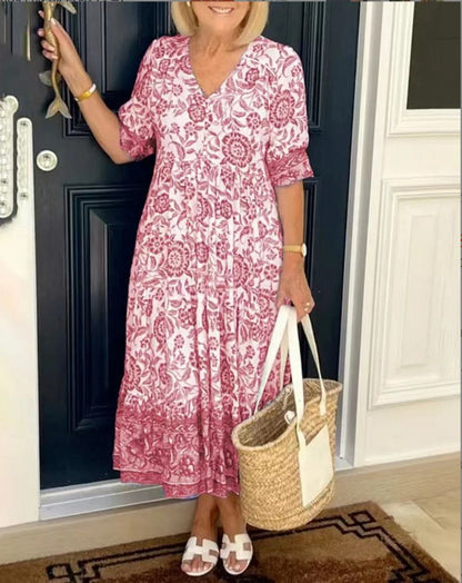 Ladies' Pretty Floral Neckline Mid Length Dress