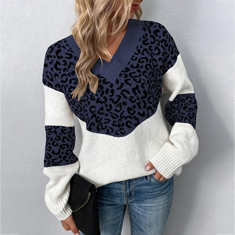 Women's Stylish V-neck Leopard Sweater