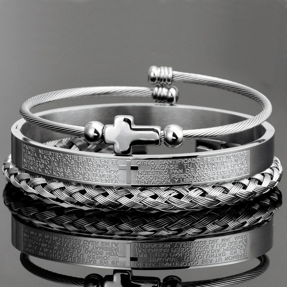 Personalized Cross Engraved Bangle Set