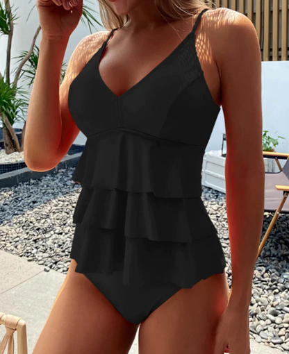 Women's V-Neck Ruffle Swimwear with Adjustable Straps