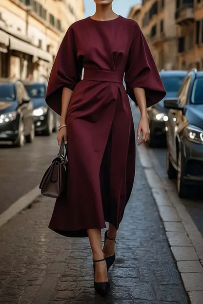 Ladies' Casual Fit Midi Dress with Flare Sleeves and Belt