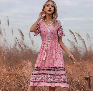 Casual V Neck Floral Midi Dress for Women - Nocini