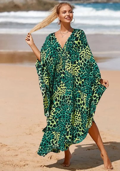 Relaxed Fit V-Neck Animal Print Maxi Dress - Nocini