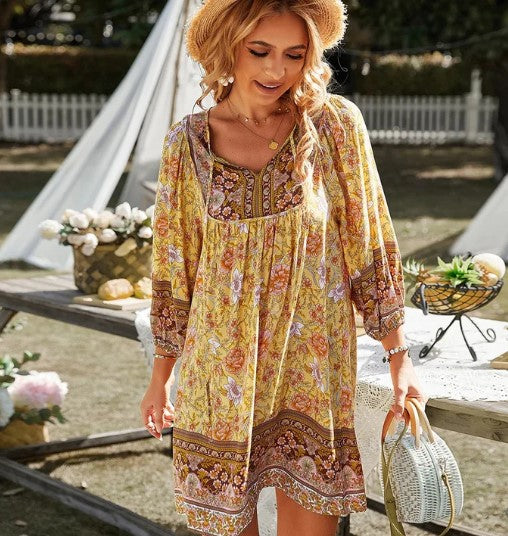 Casual Floral V Neck Mini Dress