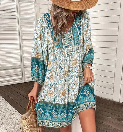 Casual Floral V Neck Mini Dress