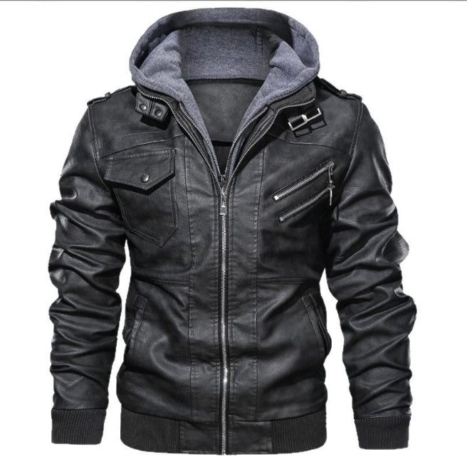 Men's Faux Leather Biker Jacket with Hood - Nocini