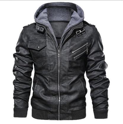 Men's Faux Leather Biker Jacket with Hood - Nocini