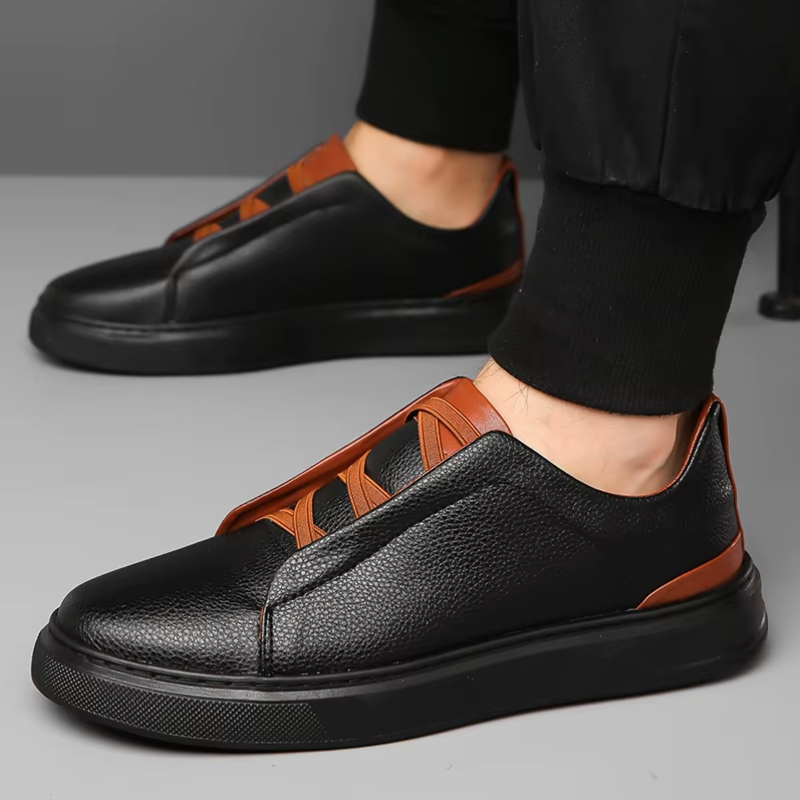 Casual Black Low Top Mens Leather Sneakers