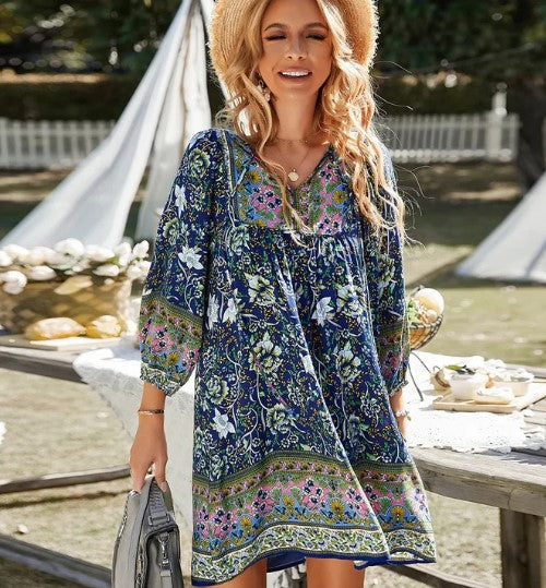 Casual Floral V Neck Mini Dress