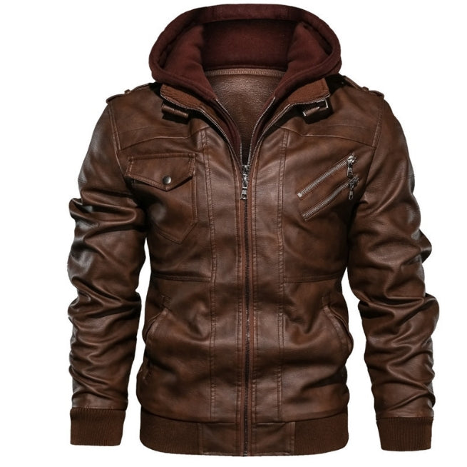 Men's Faux Leather Biker Jacket with Hood