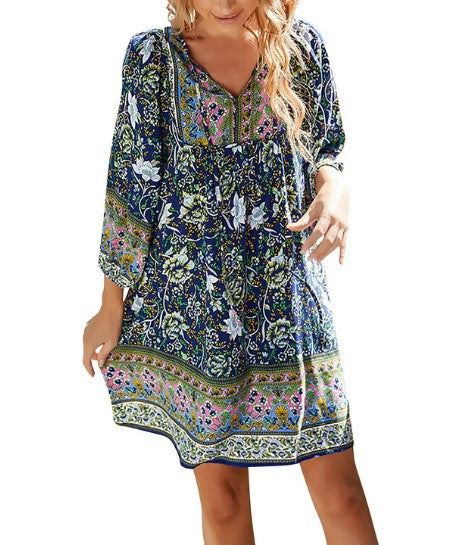 Relaxed Fit Floral V-Neck Women's Dress