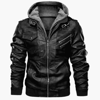 Men's Faux Leather Biker Jacket with Hood