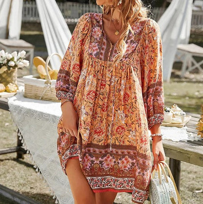 Relaxed Fit Floral V-Neck Women's Dress - Nocini