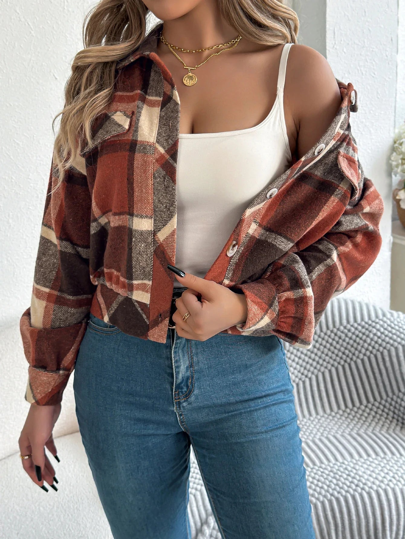 Short Plaid Denim Jacket