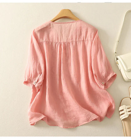 Casual V-Neck Shirt with Delicate Embroidery Details