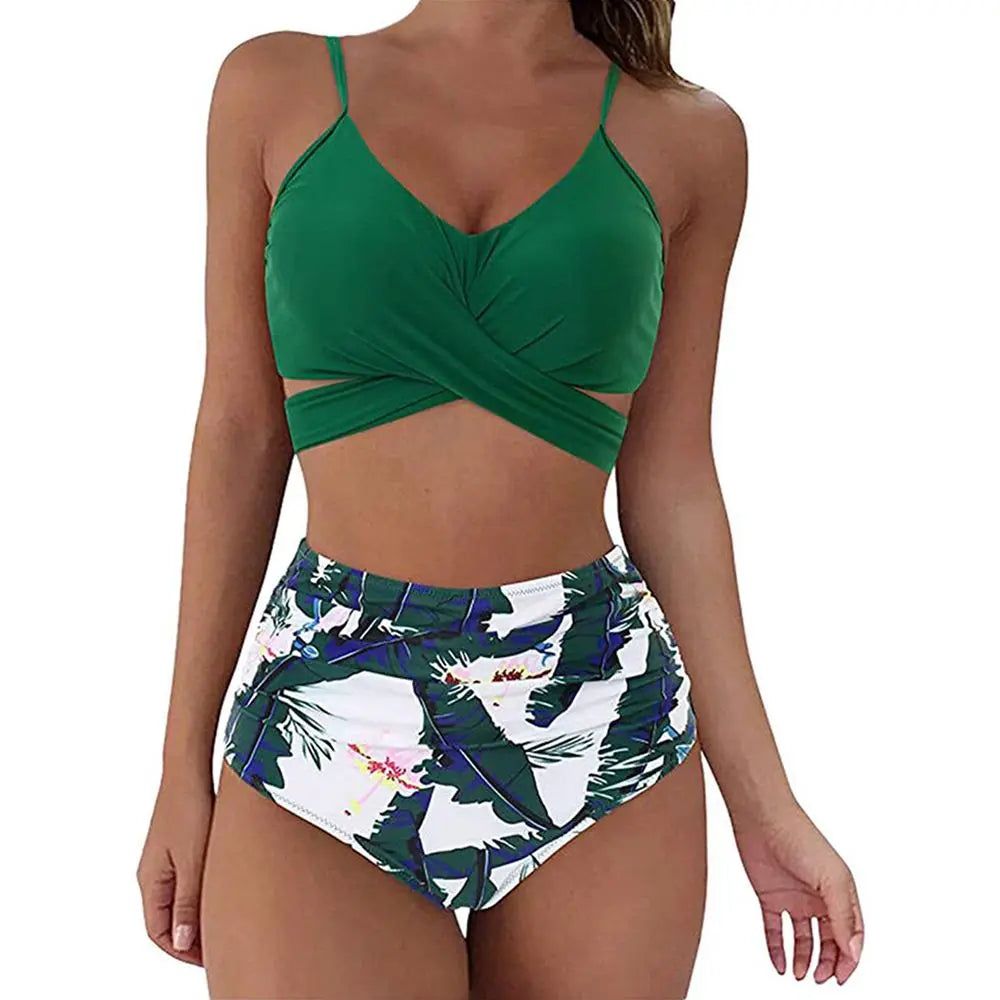 Women's Swimsuit Set - Skinny Cross Over Top - High Waist Bottoms - Nocini