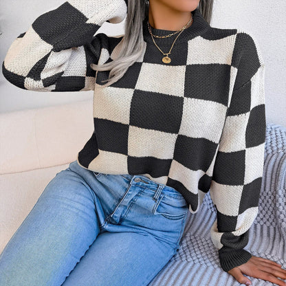 Purple Plaid Knit Sweater for Women