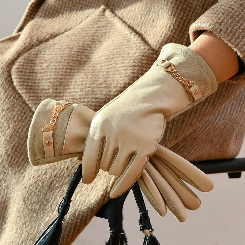 Slim Faux Leather Women's Gloves with Chain Detail