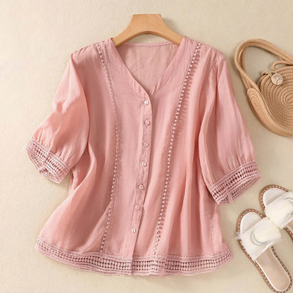 Casual Lace Trim Button Down Women's Blouse