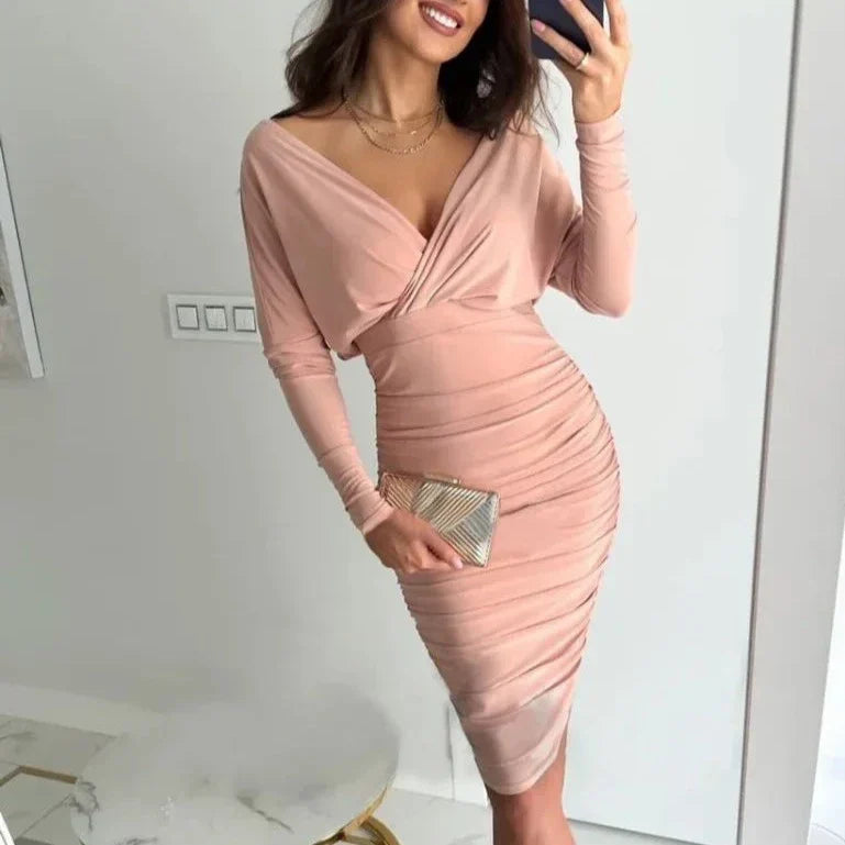 Slim Fit Women's V Neck Long Sleeve Dress - Nocini