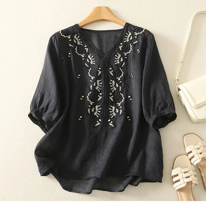 Casual V-Neck Shirt with Delicate Embroidery Details