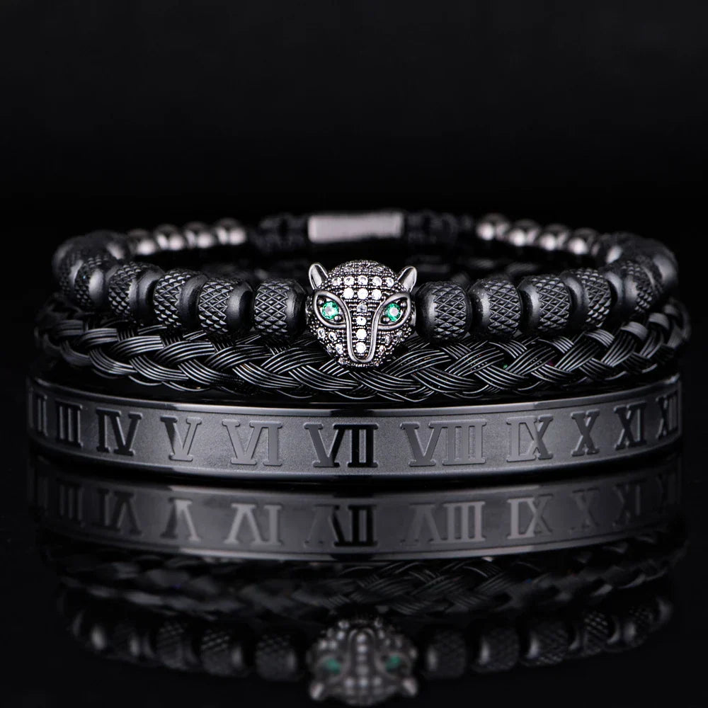 Glittering Panther Charm Beaded Cuff Bracelet Set