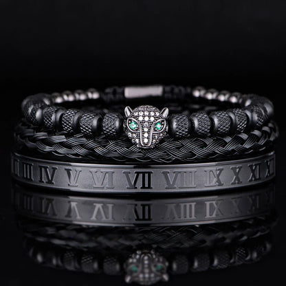 Glittering Panther Charm Beaded Cuff Bracelet Set