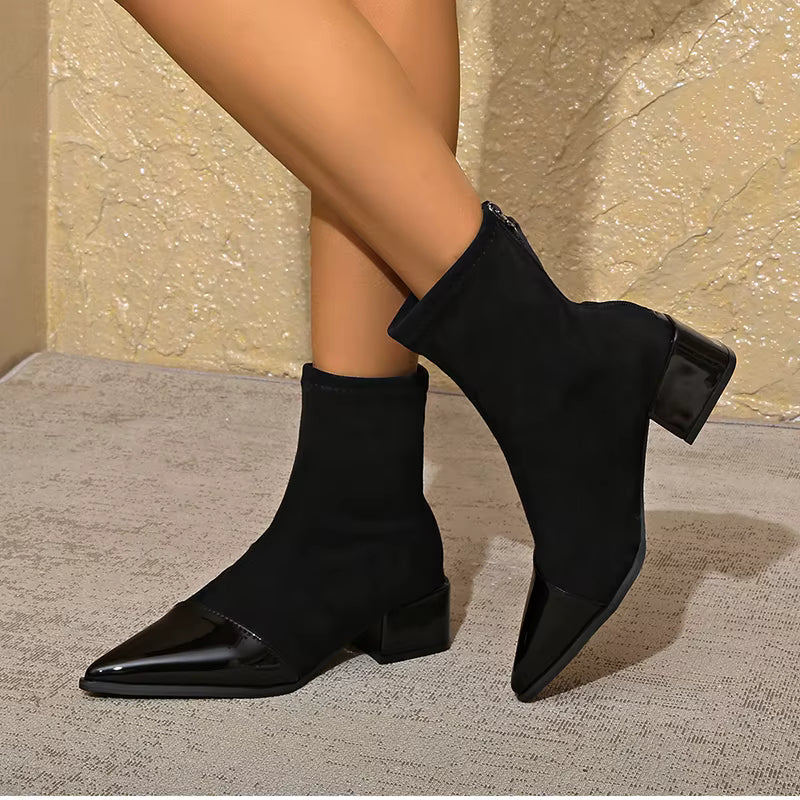 Ladies High Heel Ankle Boots with Block Heel and Zip Back