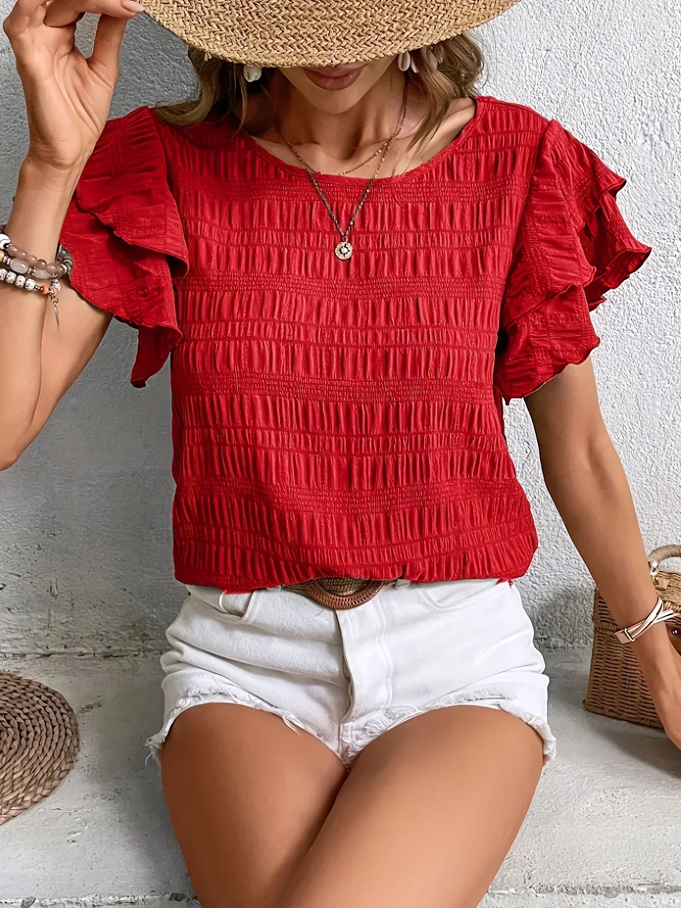 Feminine Ruffled Short Sleeve Blouse - Nocini