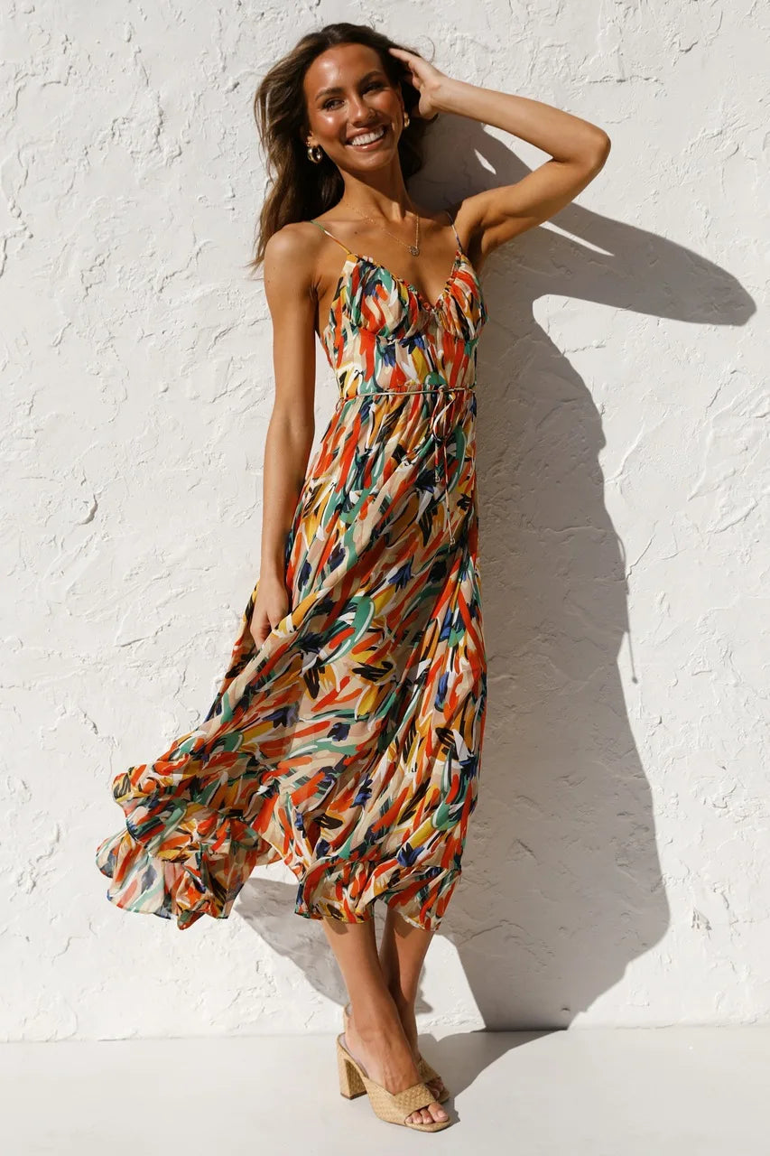 Ladies' Casual Summer Midi Dress with Flirty Ruffles
