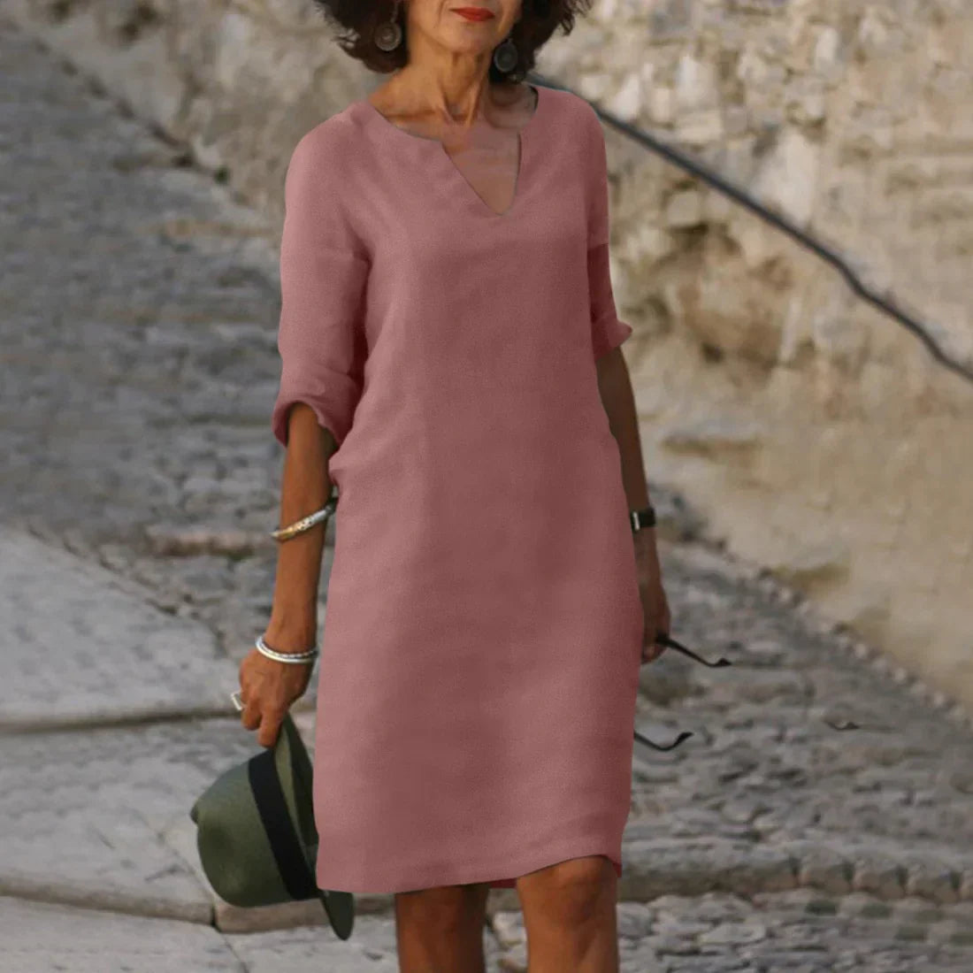 Relaxed Fit V-Neck Short Sleeve Dress for Women
