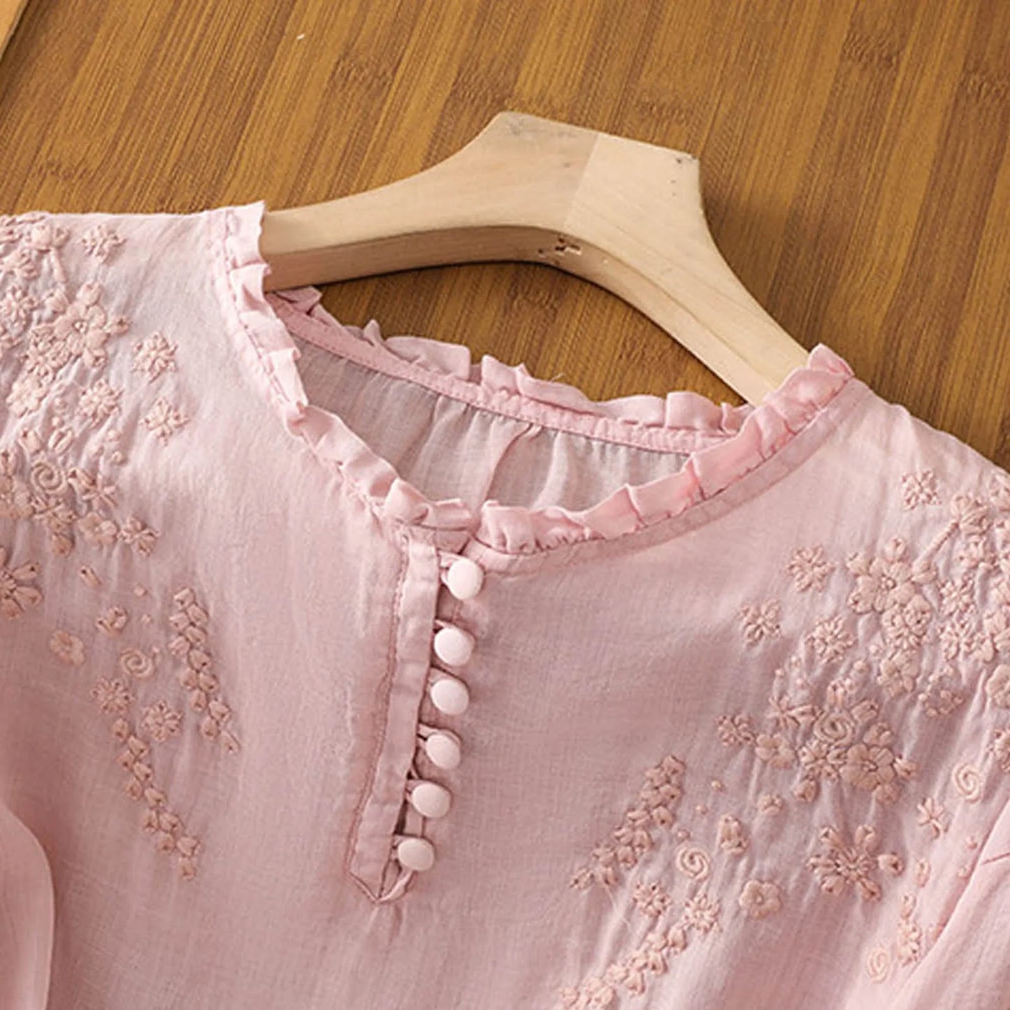 Ladies' Floral Ruffle Front Shirt with Embroidery Detail