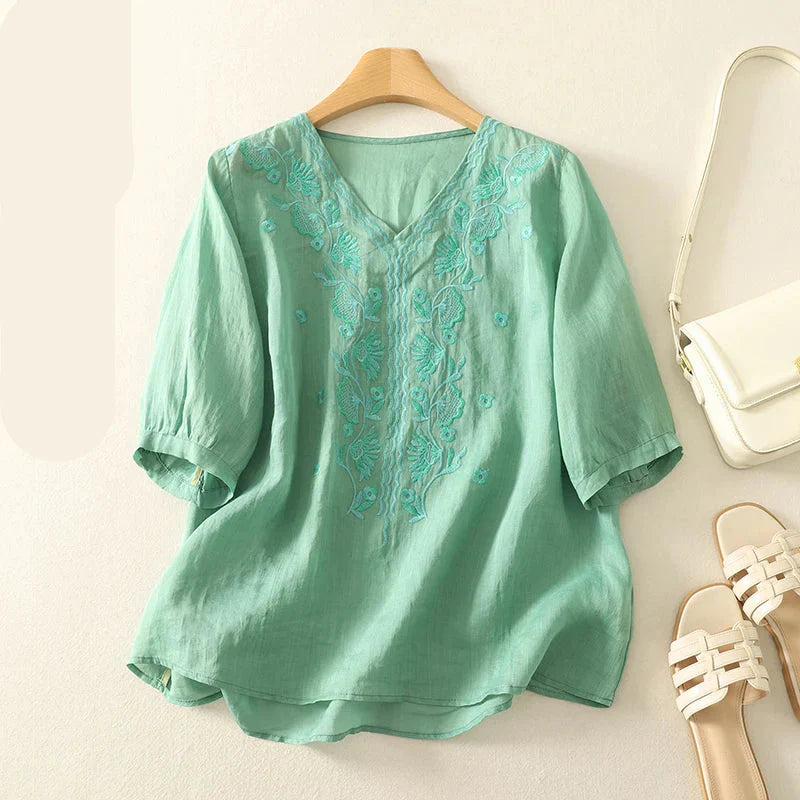 Casual V-Neck Shirt with Delicate Embroidery Details - Nocini
