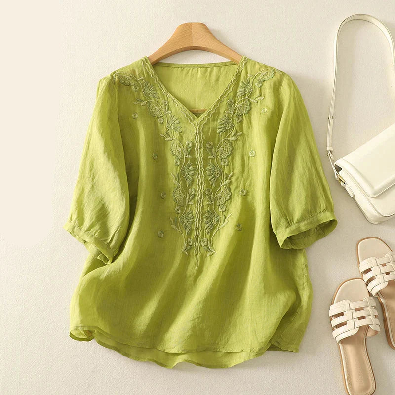 Casual V-Neck Shirt with Delicate Embroidery Details