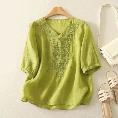Casual V-Neck Shirt with Delicate Embroidery Details