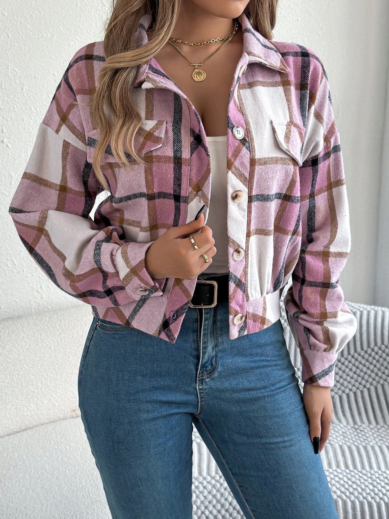 Short Plaid Denim Jacket