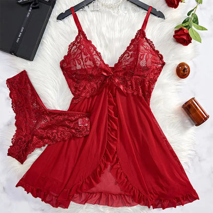 Ladies Soft Lace Trim Pajama Set