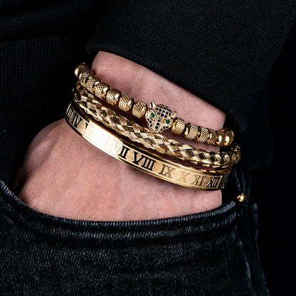 Glittering Panther Charm Beaded Cuff Bracelet Set