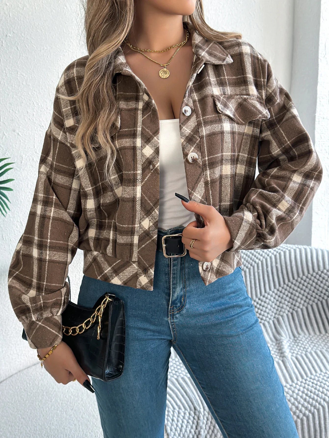 Short Plaid Denim Jacket