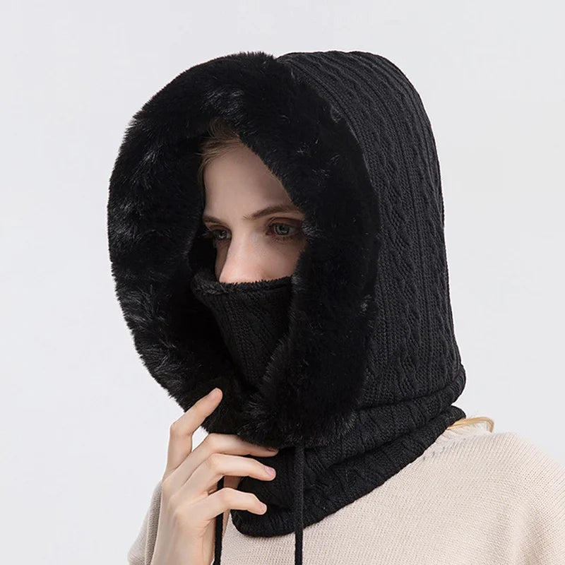Warm Cable Knit Face Mask | Soft Fur Trim Balaclava