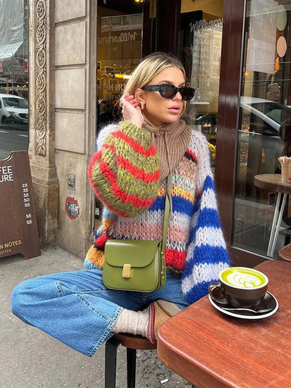 Colorful Striped Crew Neck Knit Women's Sweater