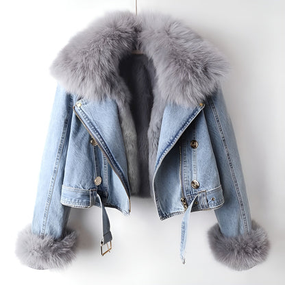 Luxury Faux Fur Denim Coat - Nocini